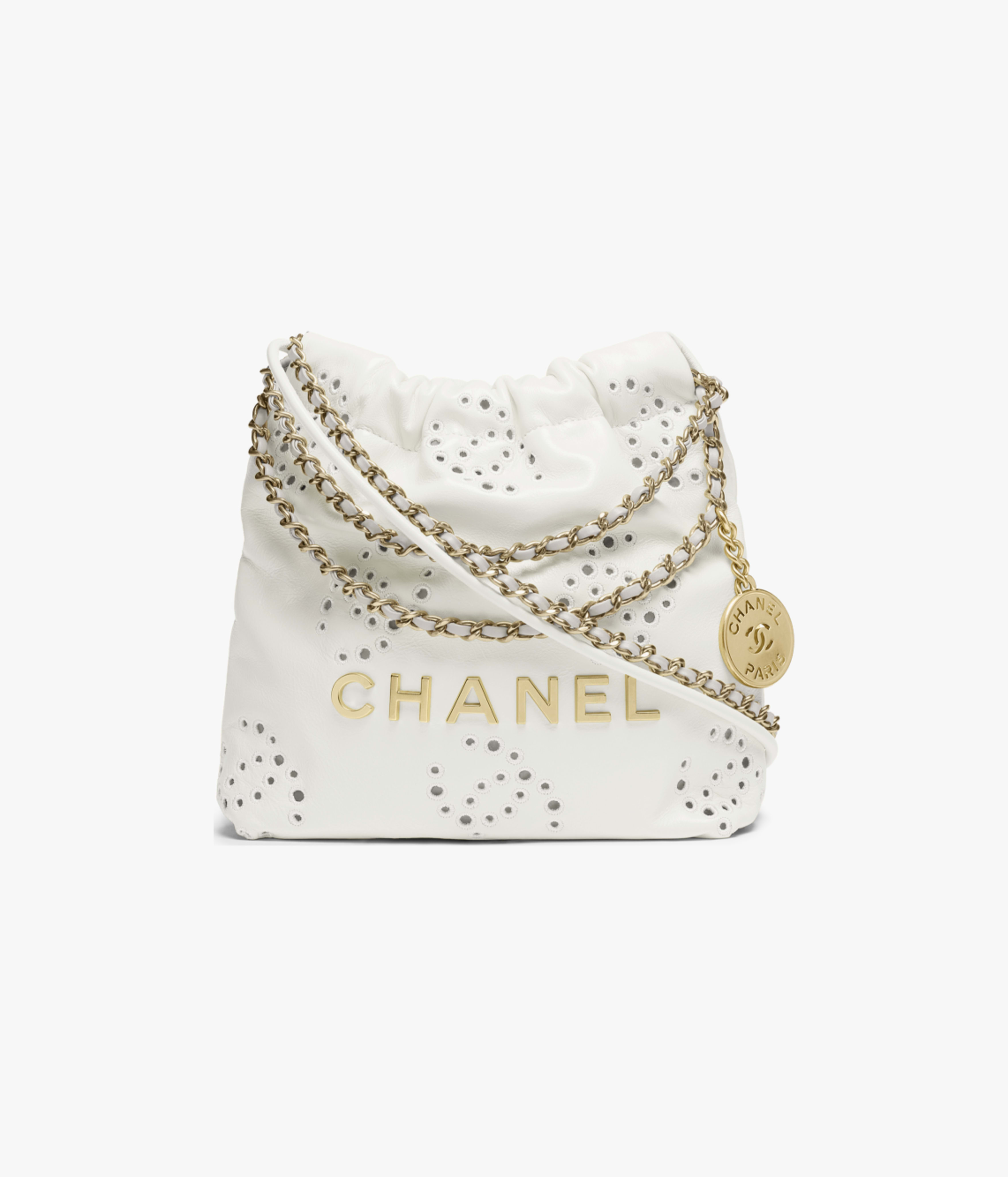 CHANEL 22 Mini Handbag Shiny Calfskin & Gold-Tone Metal White AS3980-B19648-10601