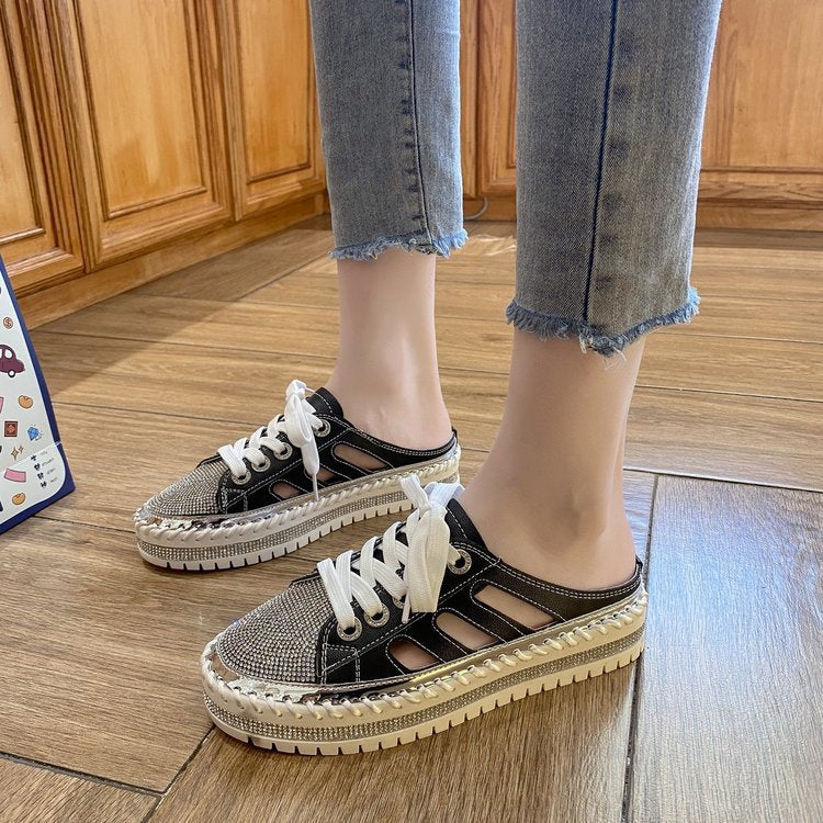 New Flat Platform Half Slippers Bling Mules Crystals Lace-Up Shoes