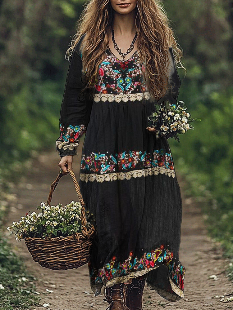 Boho Floral Embroidered Lace Tiered Linen Blend Maxi Dress