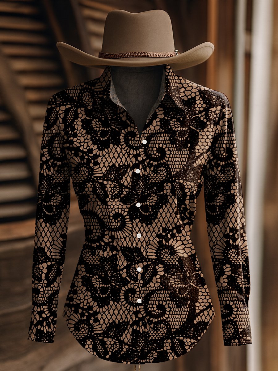 Women's Vintage Black and Pink Floral Print Western Long Sleeve Shirt