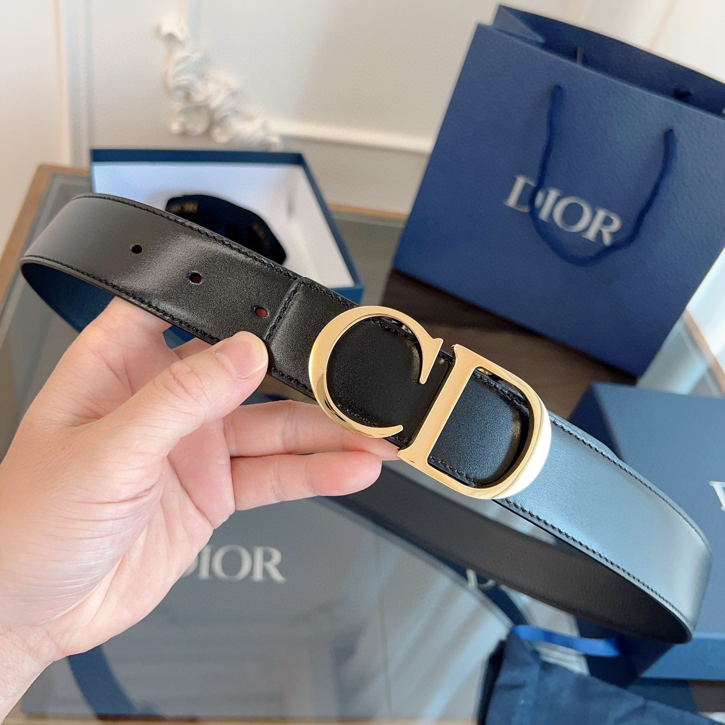 Dior shiny black leather belt width 3.5cm