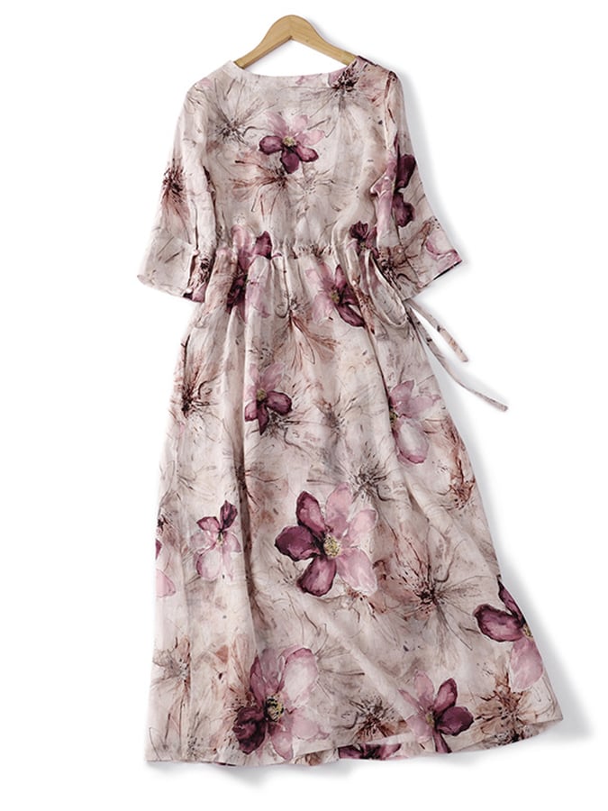 Cotton and Linen Tie Floral Dress