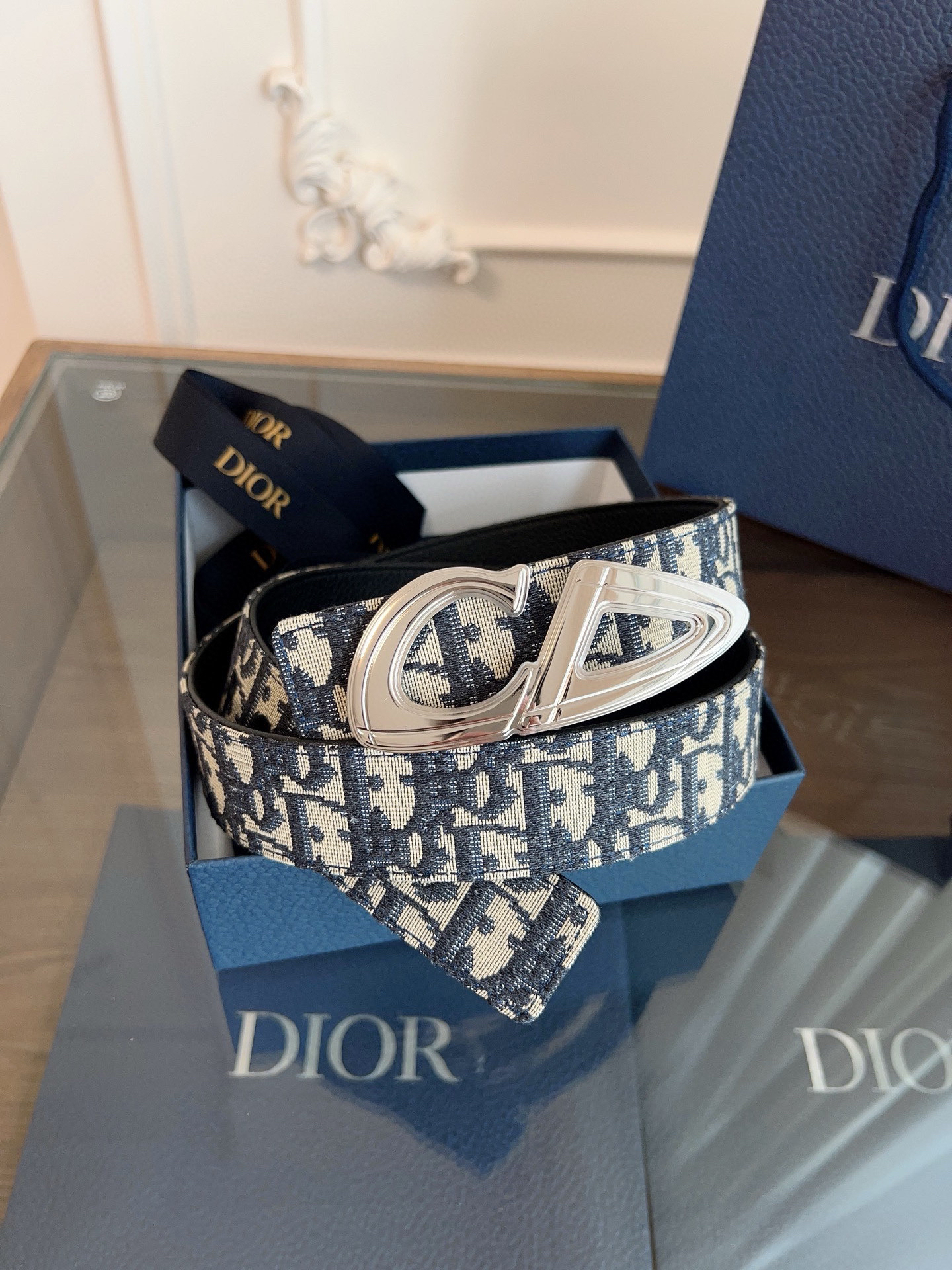 Dior Oblique Blue Cloth Black Cowhide Leather Strap 3.5cm Wide