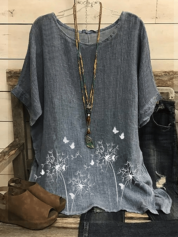 Women's Butterfly Flower Cotton Hemp Casual Printed T-shirt