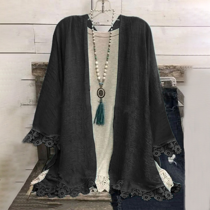 Casual Long Sleeve Stitching Lace Solid Color Kimono
