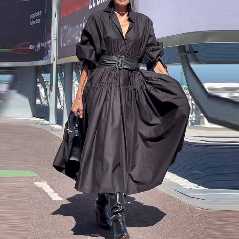 Solid Color Puff Sleeve Shirt Dress with Pleated Design for Women