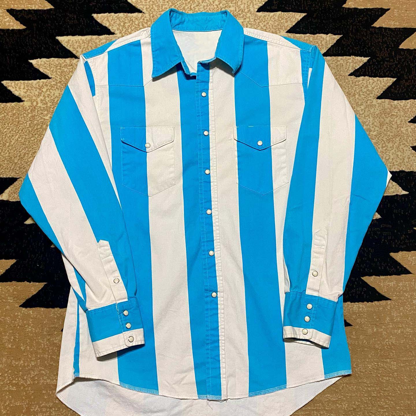 Men's Western Casual White Blue Striped Long Sleeve Shirt