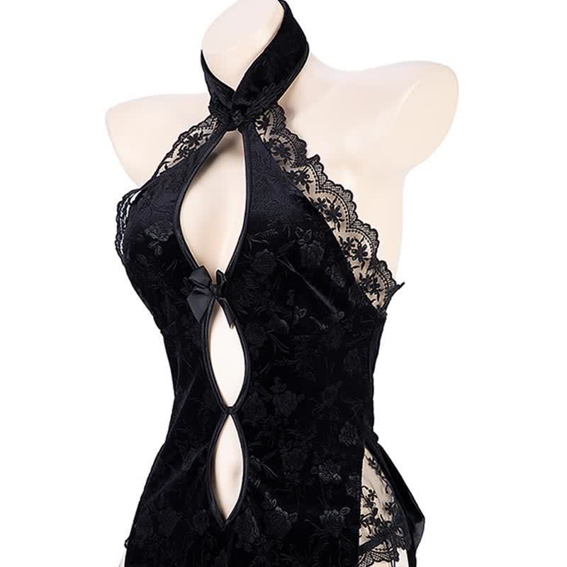 Halter Bow Decor Hollow Lace Cheongsam Dress Lingerie