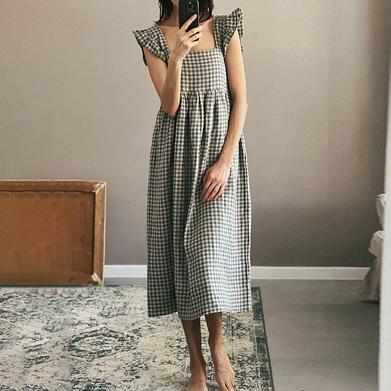 Checked Square Neck Ruffled Camisole Midi Dress