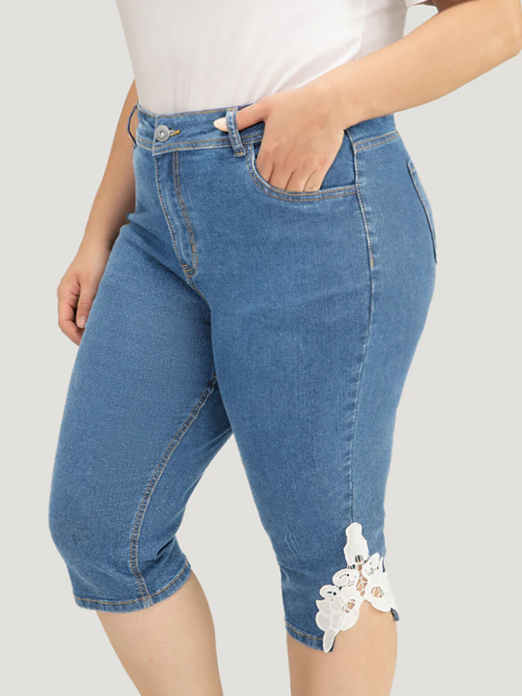 Very Stretchy High Rise Medium Wash Guipure Lace Knee Denim Shorts