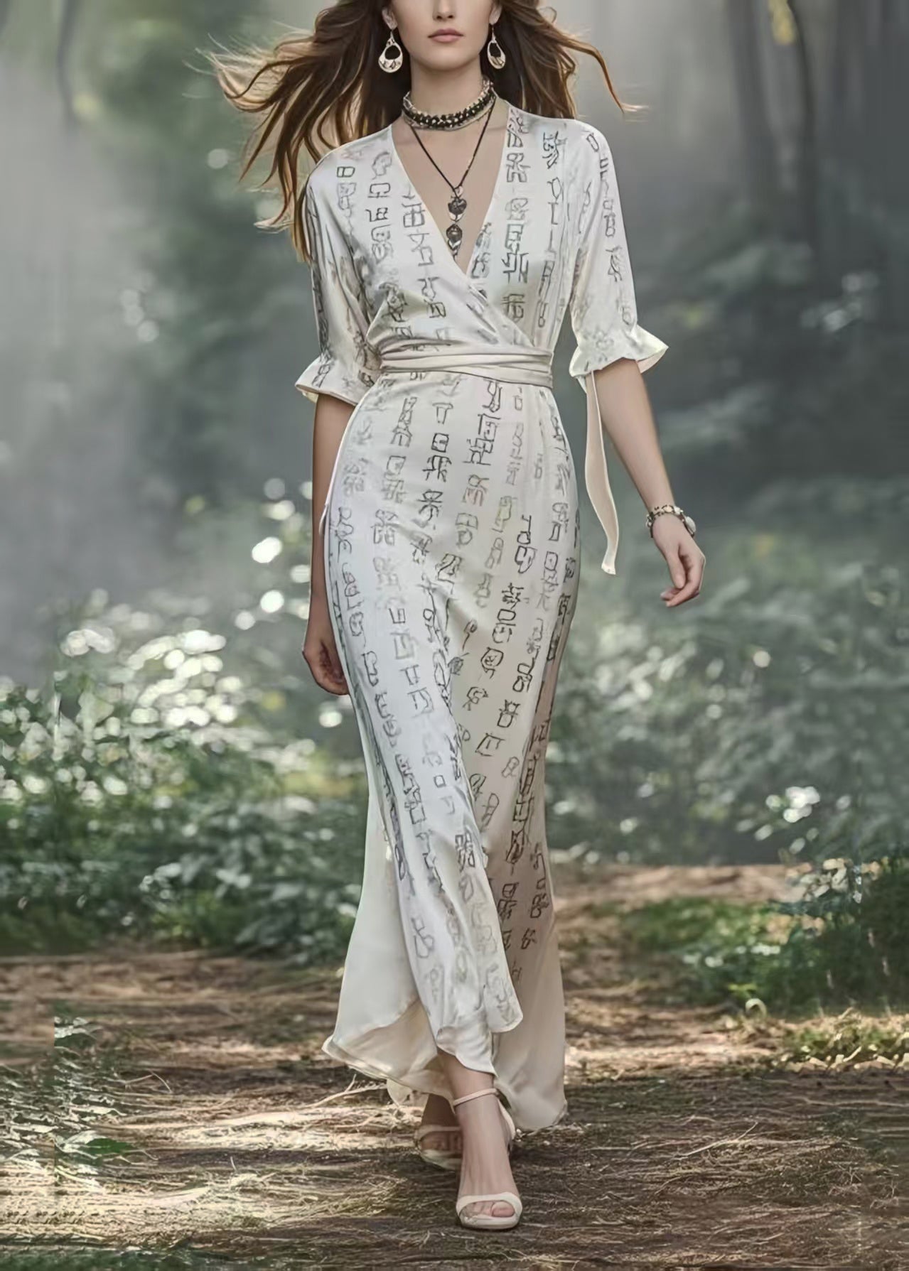 White Print Draping Silk Long Dresses Cinched Half Sleeve