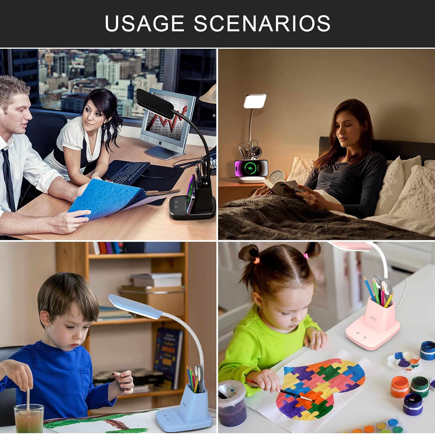 Desk Lamp with Wireless Charger, LED Desk Lamps for Home Office, 800 Lumens, Small Desk Lamp with Pen Holder, Flexible Arm, 3 Modes, Dimming, Touch Lamp for College Dorm Room