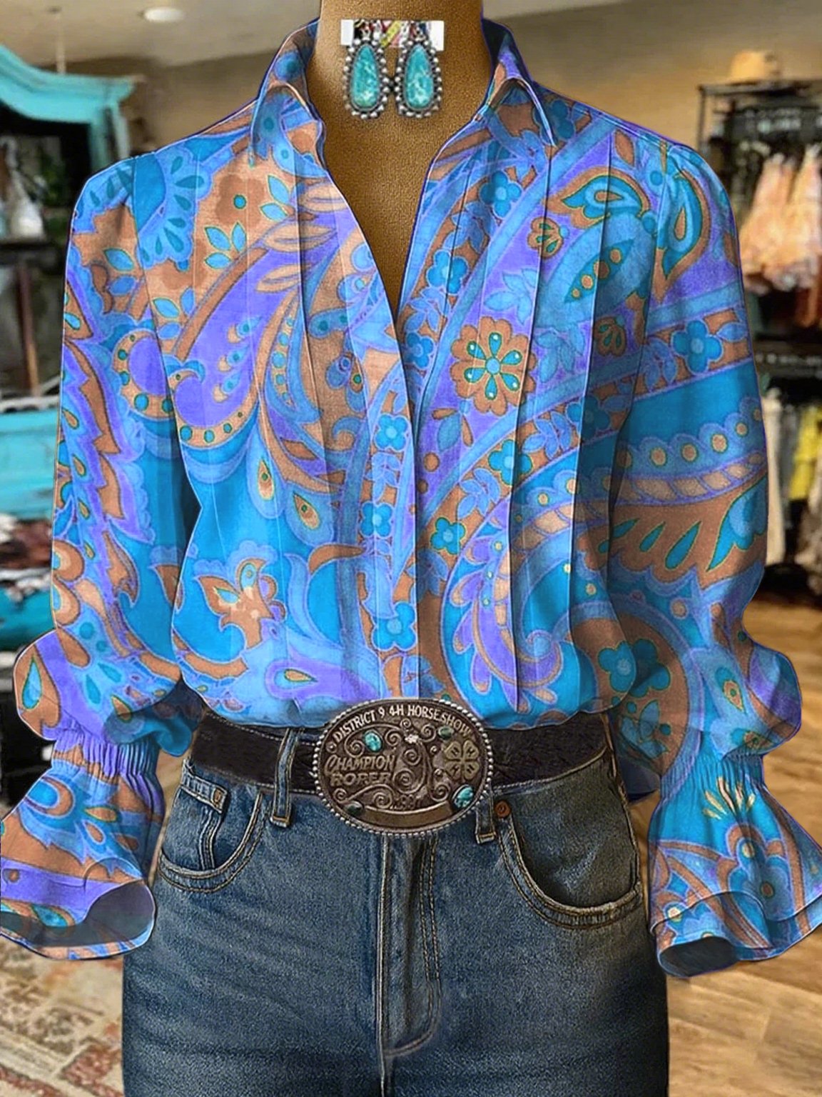 Women's Casual Western Puff Sleeve Patterned Shirt