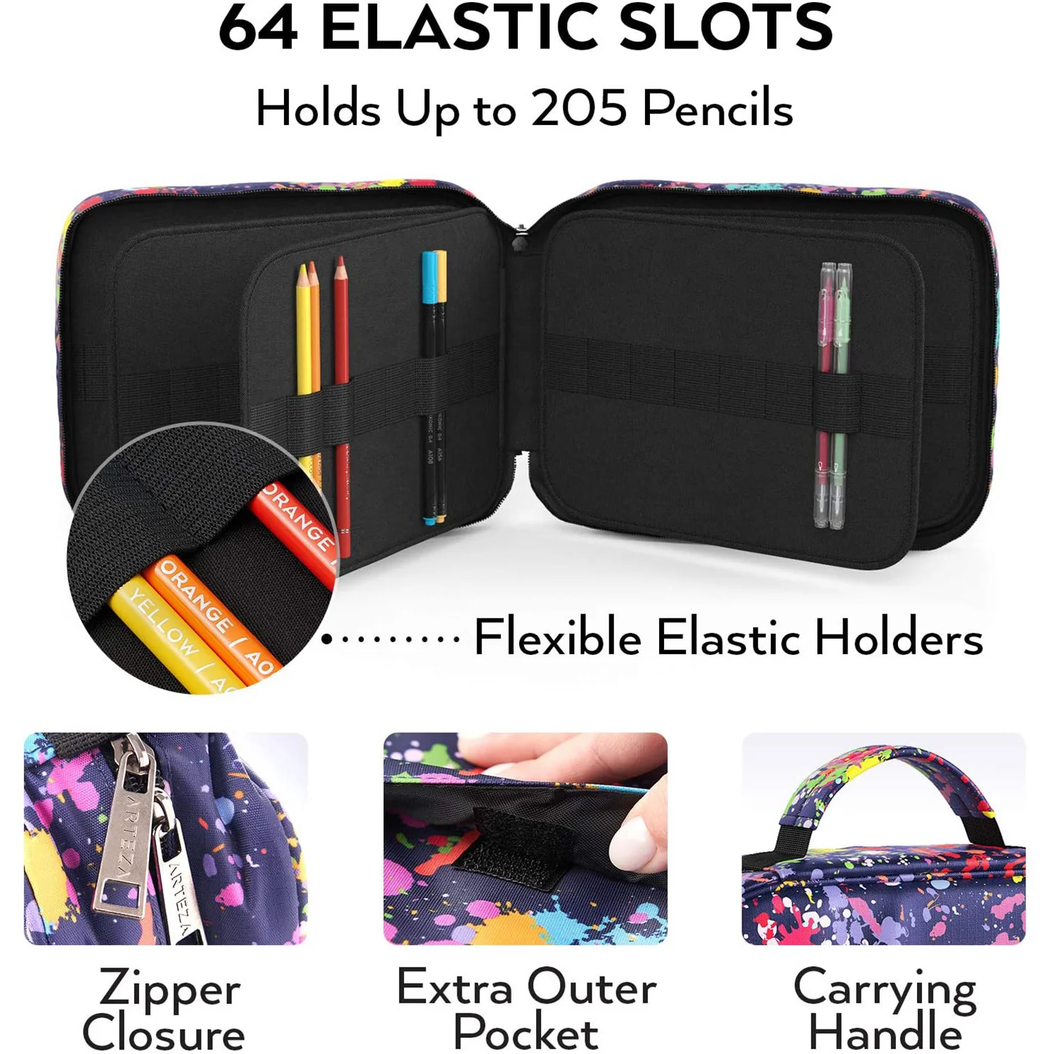 ARTEZA Pencil Case Organizer, 64 Elastic Slots, Holds Up to 205 Pencils, Paint Splatter Pattern