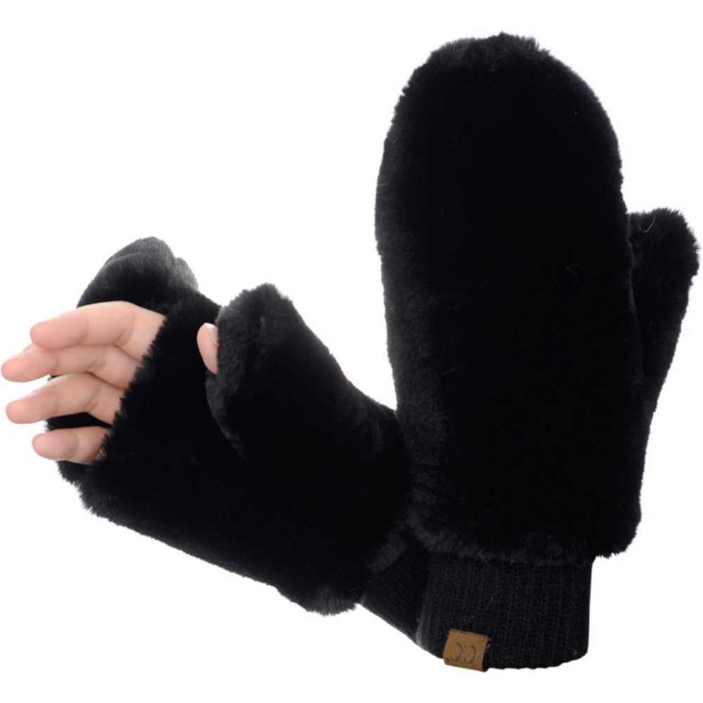 🎄CHRISTMAS ON SALE🔥Faux Fur Wrist Length Fingerless Sherpa Lined Convertible Mittens Gloves