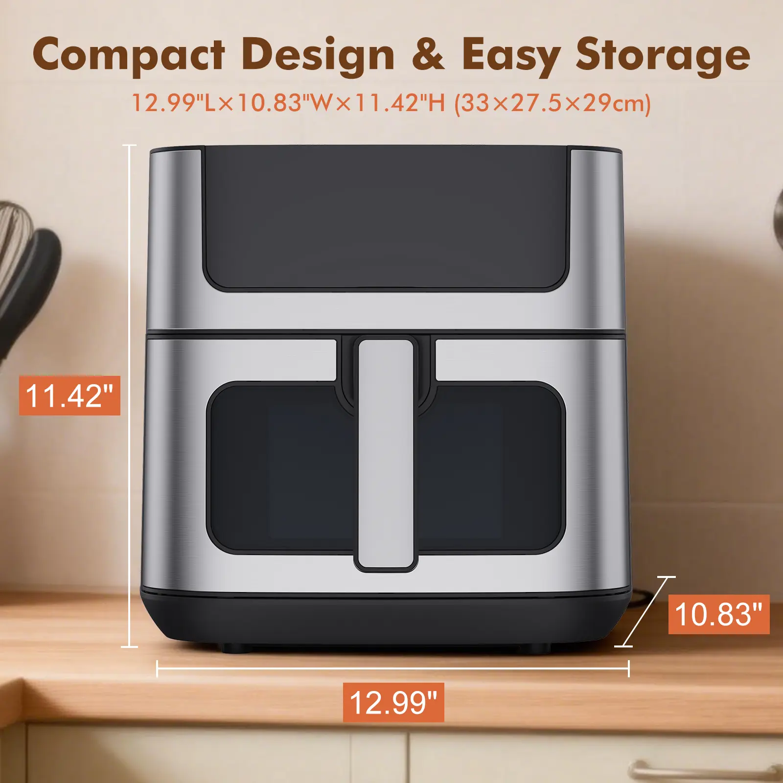 6.34QT Air Fryer with Window 8 Food Presets 400°F Max Heat 90-Min Timer Nonstick Dishwasher-Safe Basket for Air Fry Roast Reheat Bake Stainless Steel