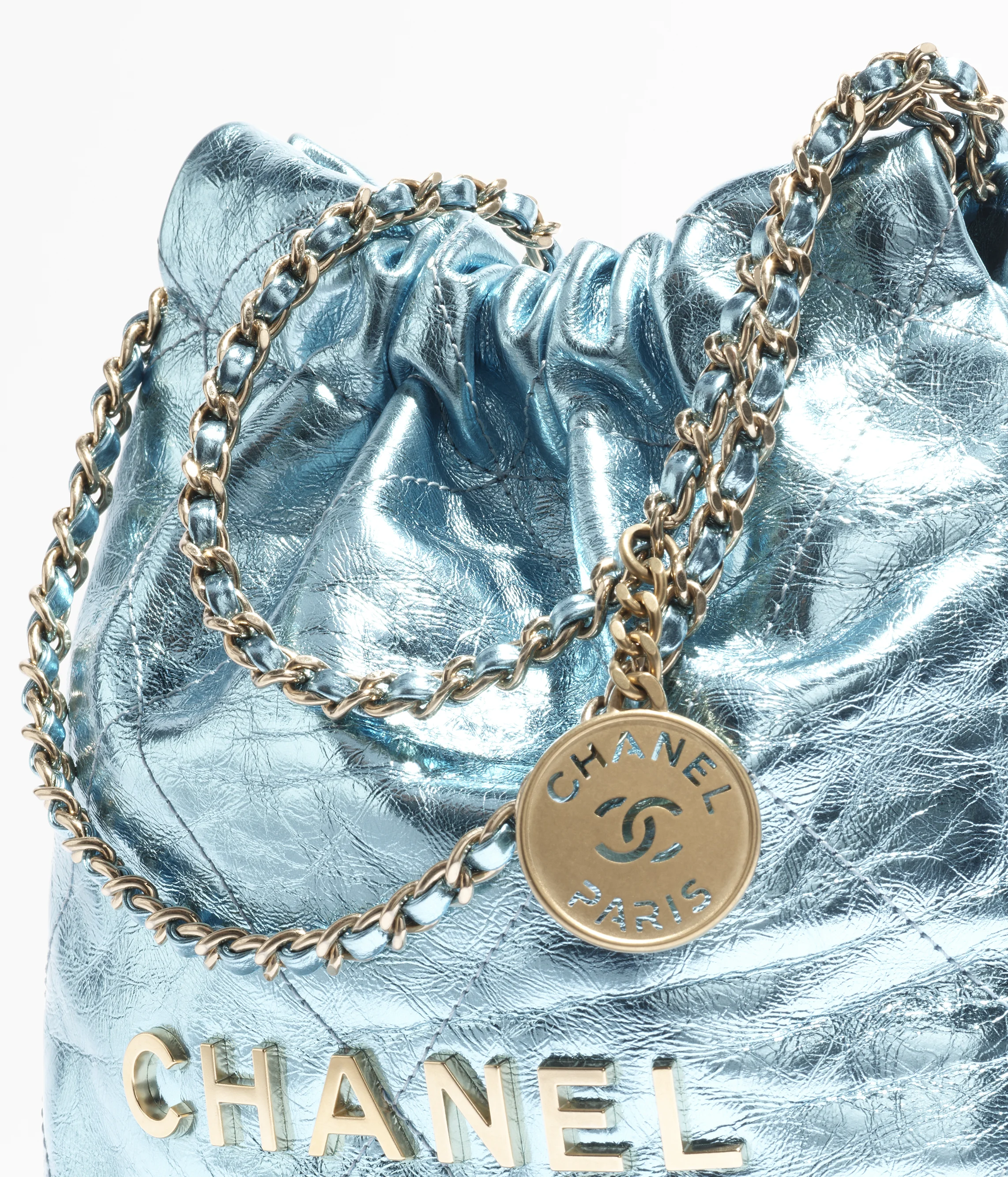 CHANEL 22 Mini Handbag Metallic Calfskin & Gold Metal Light Blue AS3980-B18806-NABKB