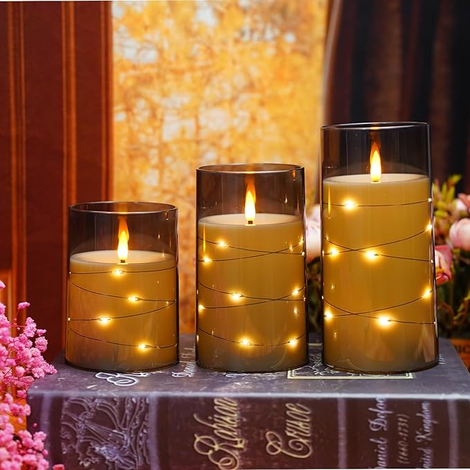 🕯️🕯️LED Candles With Embedded String Lights - (3-Piece Flameless Set)