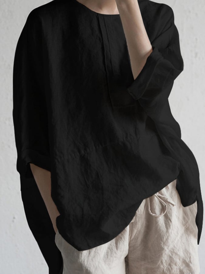 Solid Color Round Neck Cotton Linen Casual Shirt