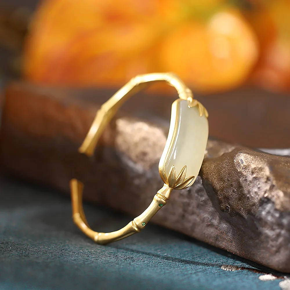Natural Hotan Jade Luxury Bracelet For Women Gilded Bamboo Joint Vintage Bangles Fashion Jewelry Couples Gifts Free Shipping
