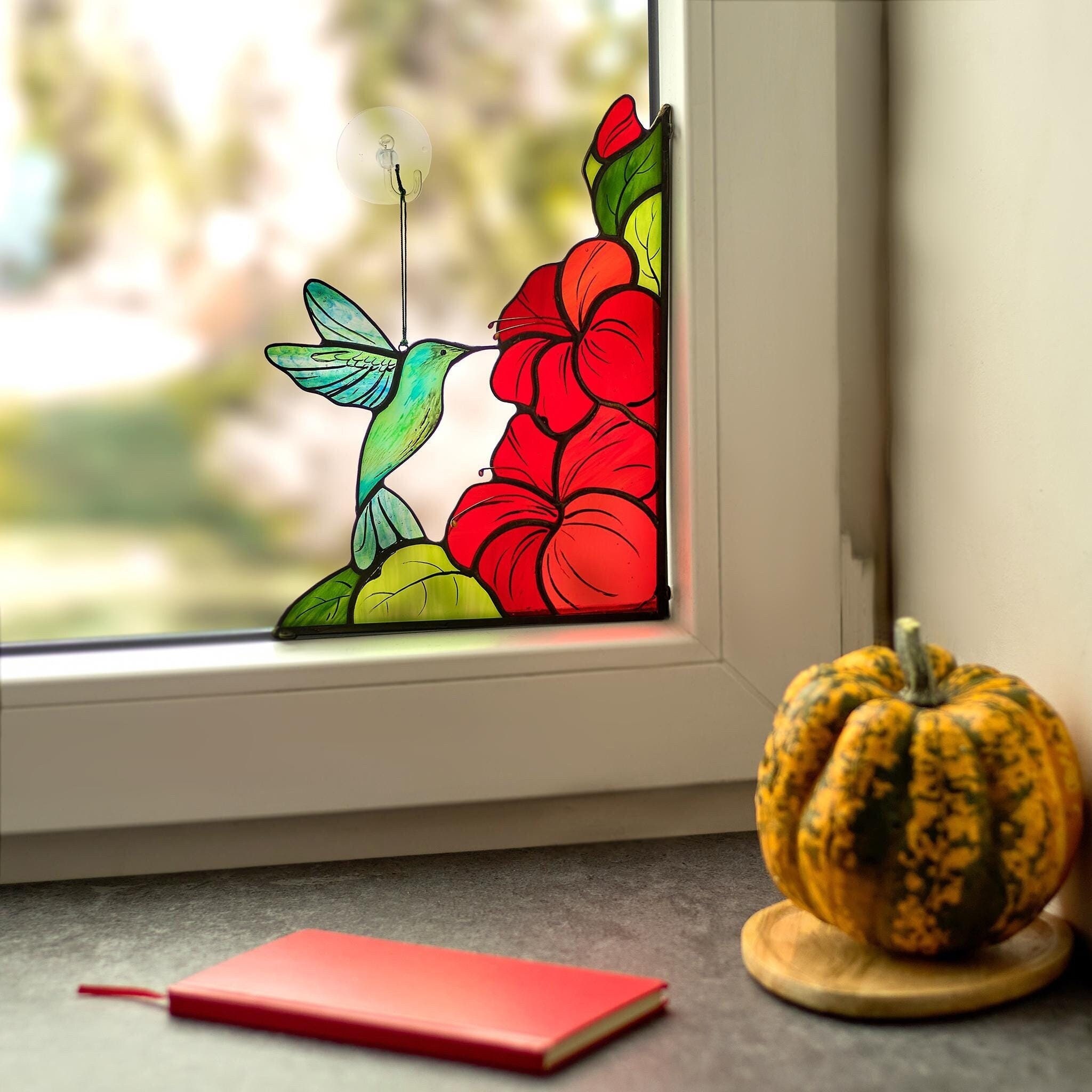 🔥2025 ON SALE🔥Stained Glass Hummingbird Window Corner with Red Hibiscus Flowers