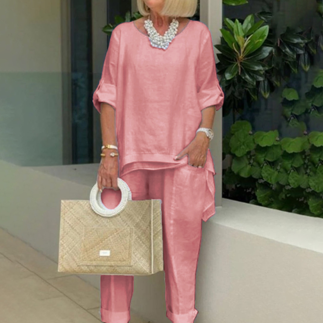 Casual Cotton Linen Solid Two Piece Set
