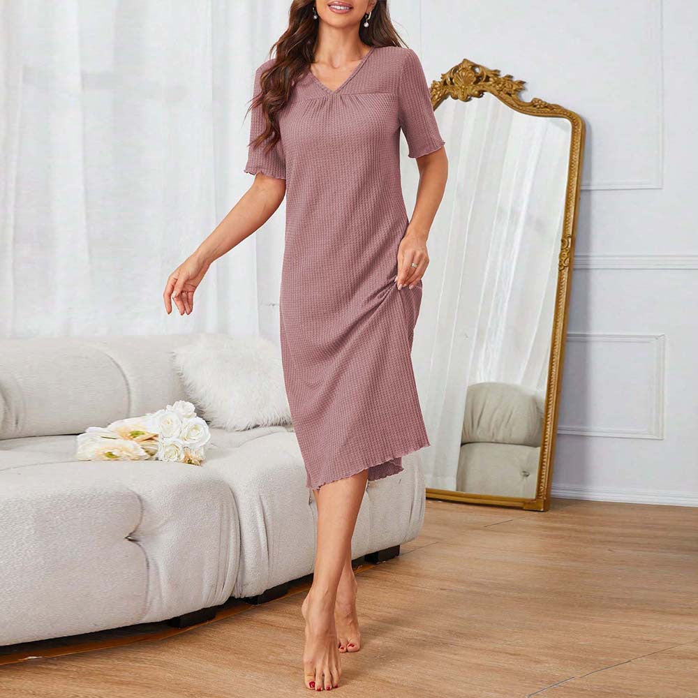 V neck One Step Summer Simple Comfortable High Grade Mid Length Night Dress Women