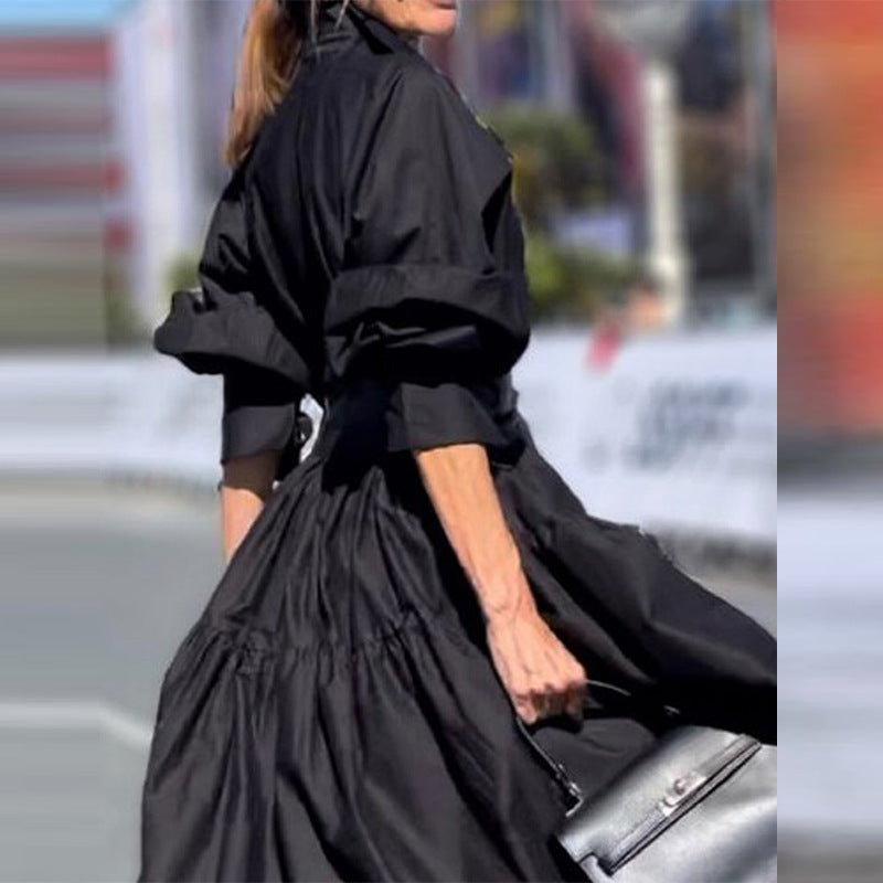 Solid Color Puff Sleeve Shirt Dress with Pleated Design for Women