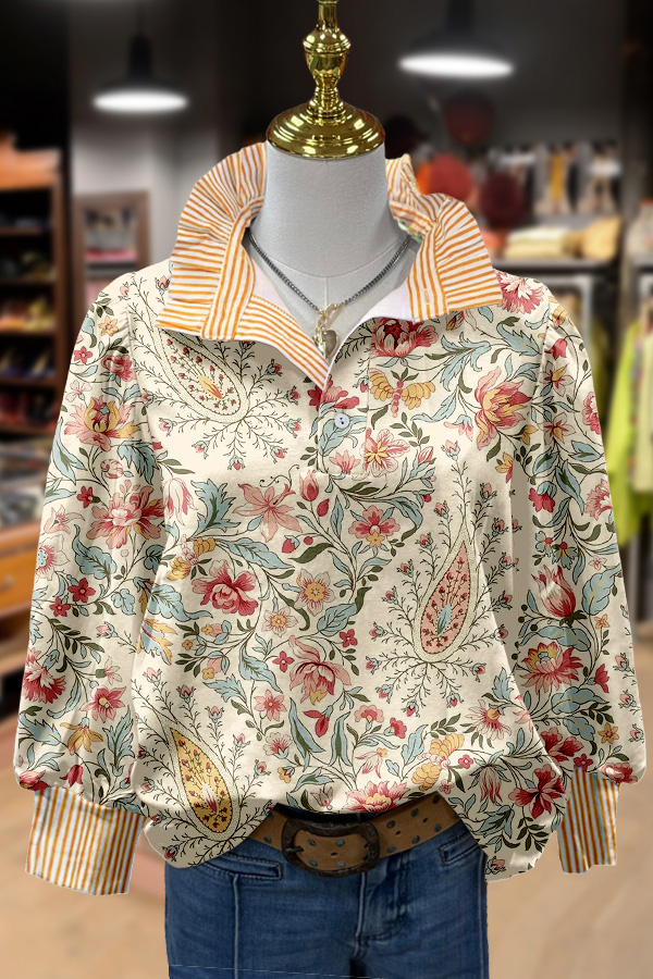 Paisley Floral Print Striped Blouse