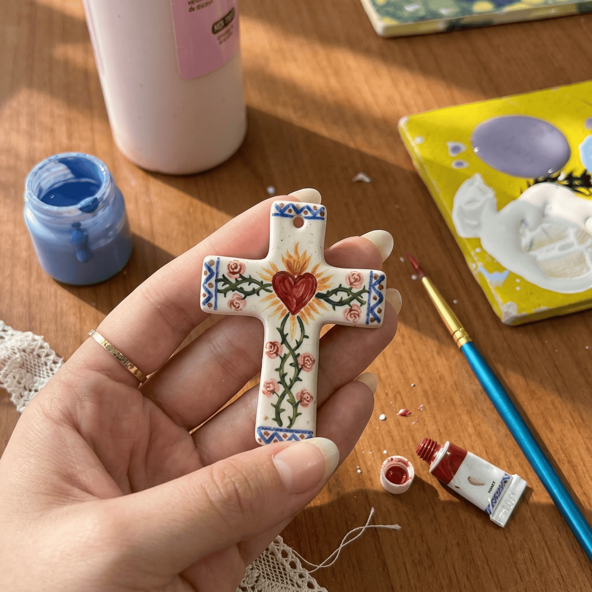 ❤️‍🔥✝️Handcrafted Ceramic Sacred Heart Cross Charm