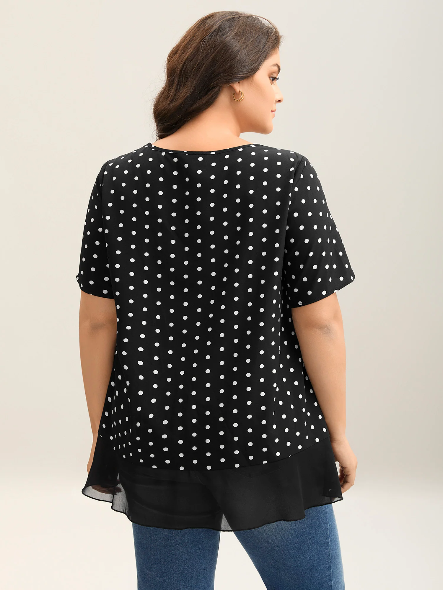 Polka Dots Spliced Ruffled Hem Shirt