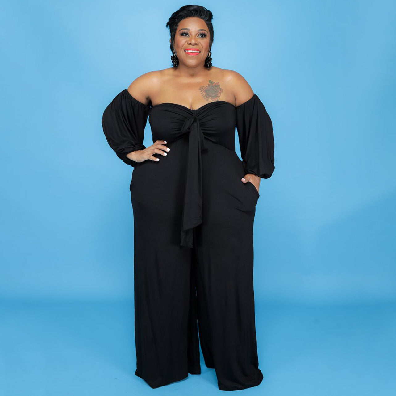 Plus Size Sexy Tube Top Solid Color Jumpsuit Wide Leg Pants