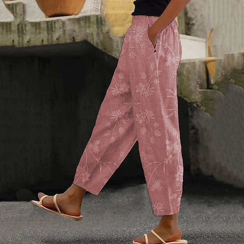 Women's Vintage Floral Art Linen Casual Pants