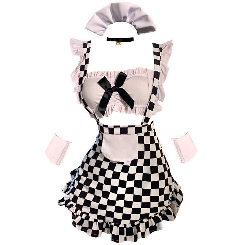 Plus Size Ruffled Lingerie Plaid Maid Slit Skirt Set