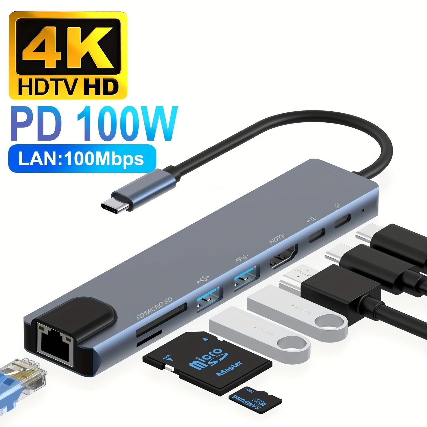 8 In 1 USB C HUB, USB C Adapter With 4K HDTV, 100W PD, USB C Port, USB 3.0,USB 2.0,RJ45 Ethernet, SD/TF Card Reader, Docking Station Compatible For MacBook Pro/Air USB C Laptops And Other Type C Devices