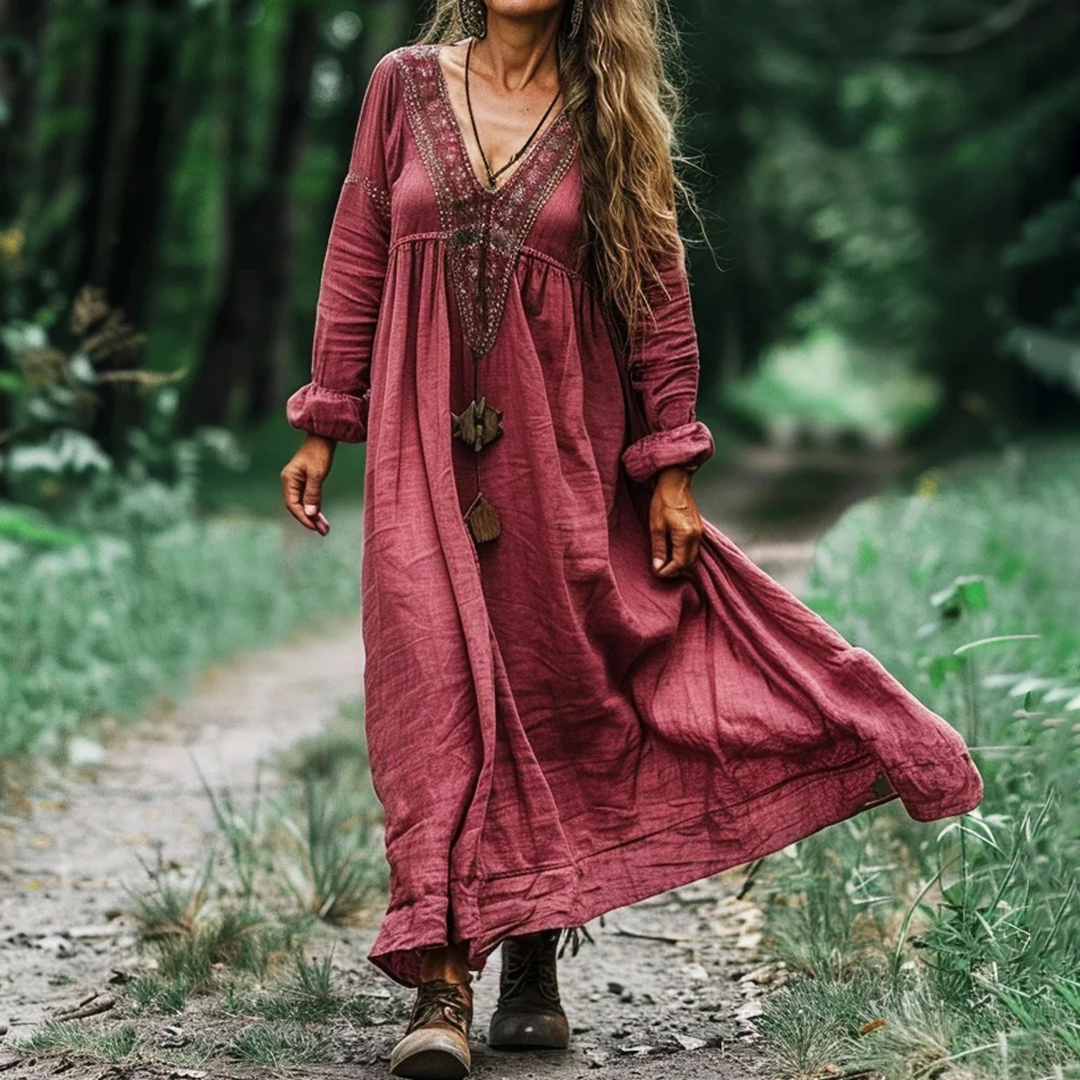 Women's Vintage Bohemian V-neck Linen Blend Ethnic Midi Dress