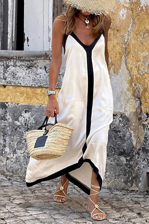 Heididress Spaghetti Strap V Neck Color Block Maxi Holiday Dress