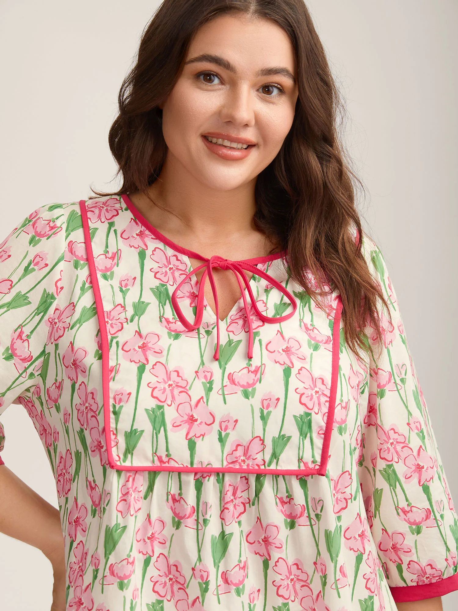 Blushing Floral Print Seamed Contrast Blouse