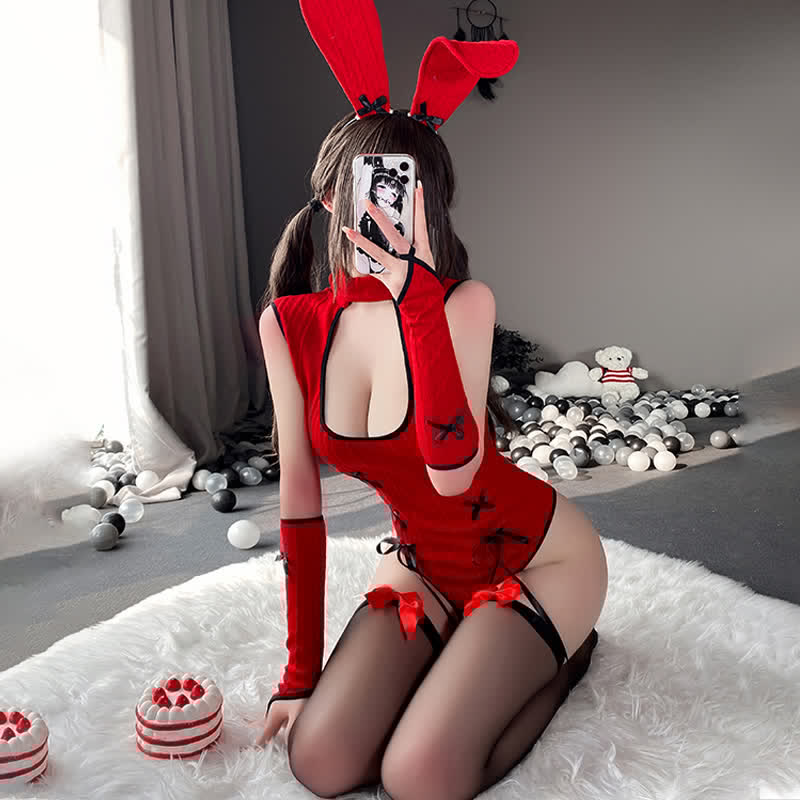 Cosplay Bunny Hollow Out Jumpsuit Lingerie Stockings Set