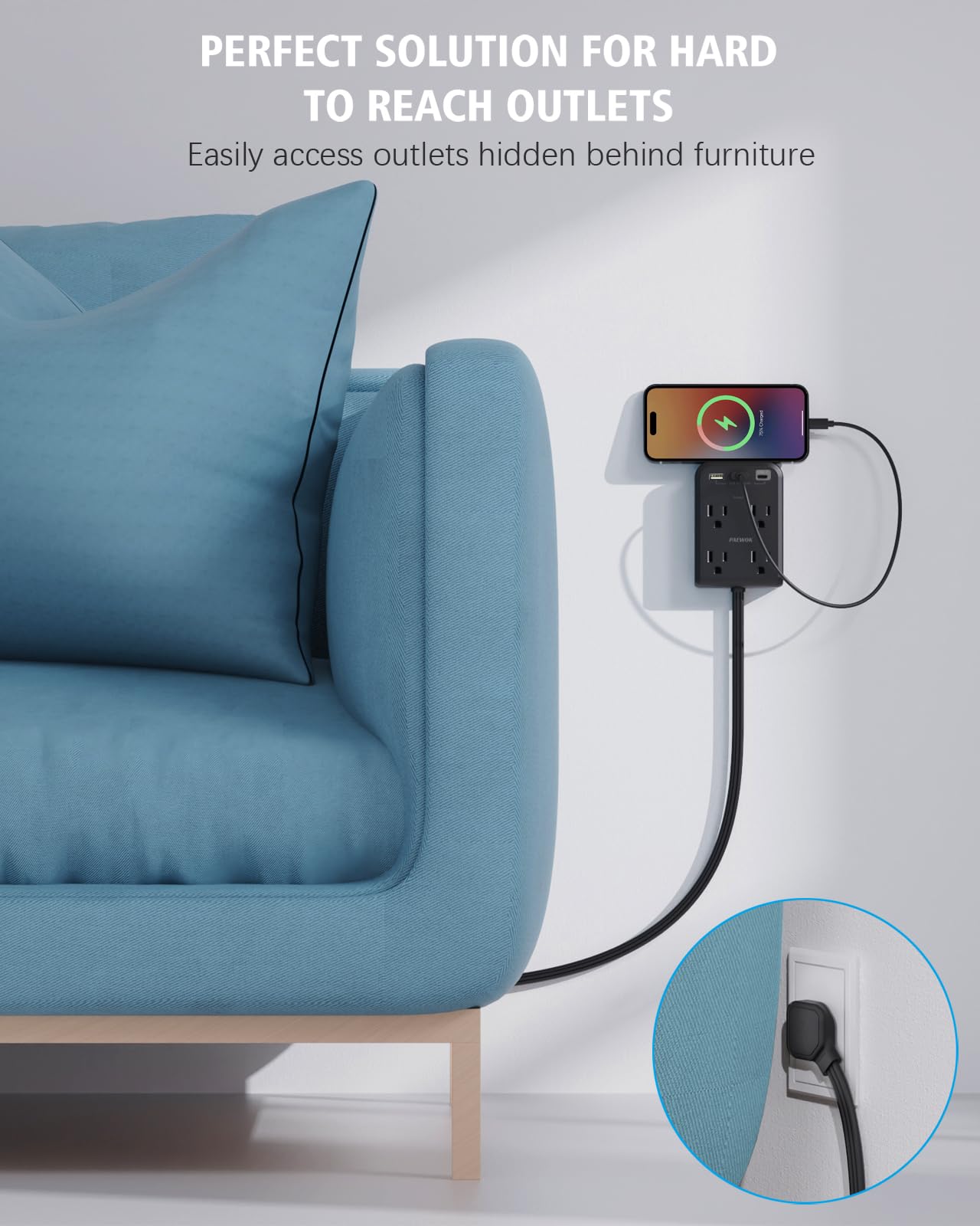 Flat Multi Plug Extender with 3 USB Wall Charger(1 Type C), 4 Outlet Wall Adapter, 6 ft Thin Extension Cord