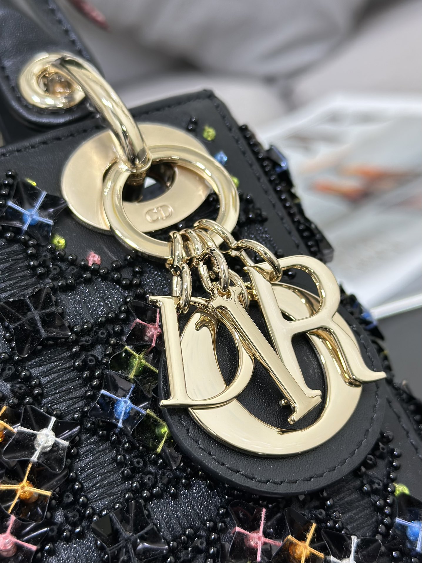Dior Lady Dior three-grid embroidery black beads M0505