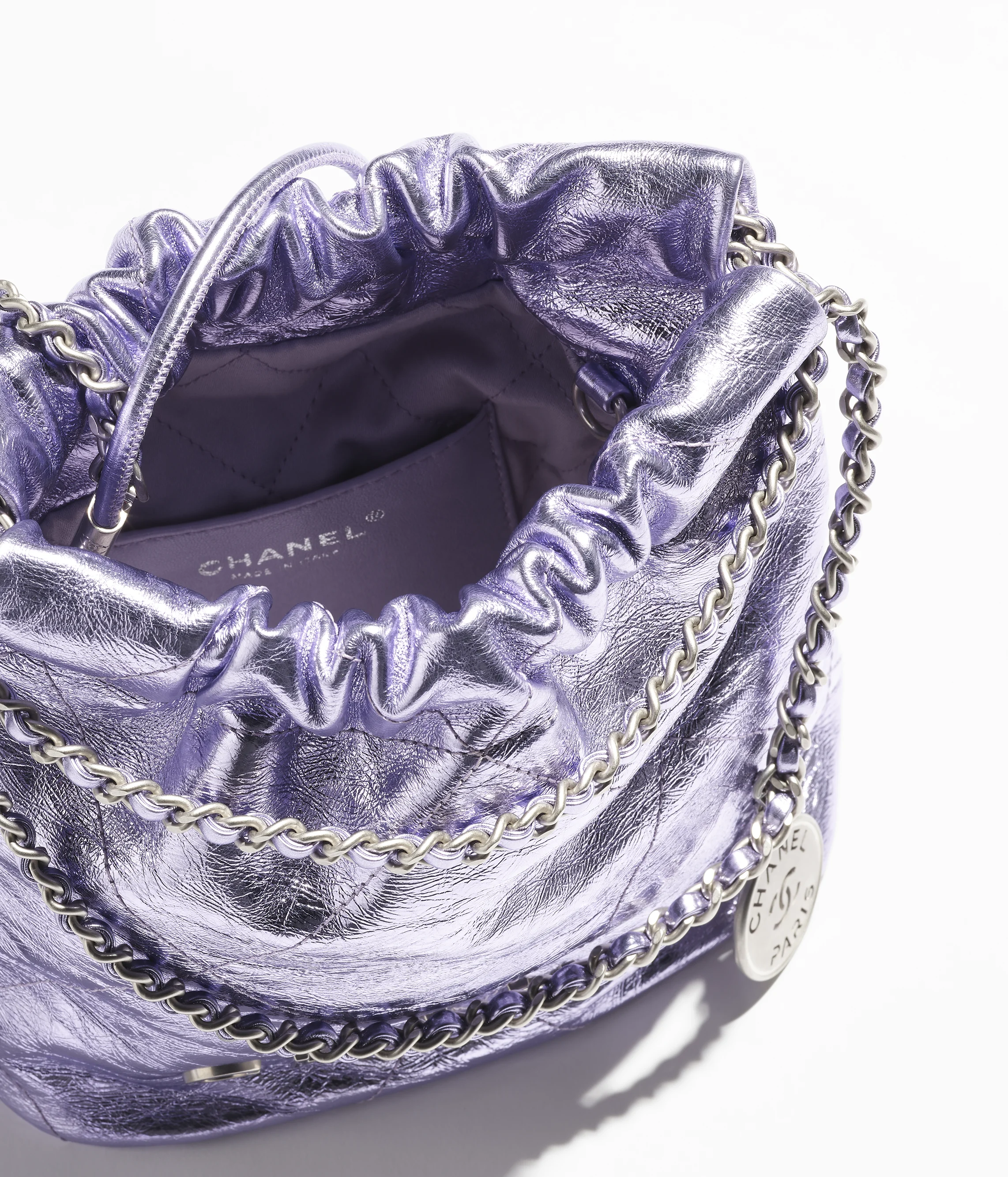 CHANEL 22 Mini Handbag Metallic Calfskin & Silver-Tone Metal Lilac AS3980-B18804-NABJZ