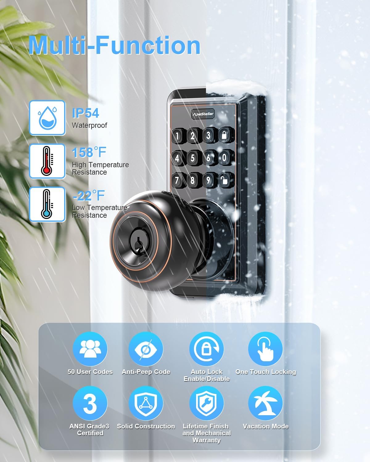Door Knob with Keypad, Door Lock with Code, Keyless Door Knob, Auto Lock,50 User Code,Waterproof, Easy to Install and Program for Bedroom Garage Office Gate - Oil Rubbed Bronze -ApeStellar
