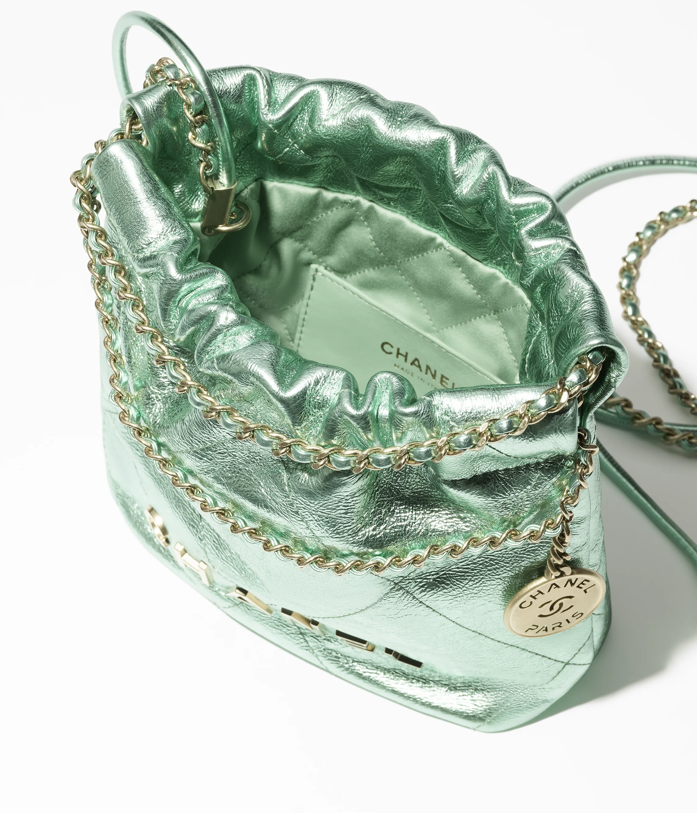 CHANEL 22 Mini Handbag Metallic Calfskin & Gold Metal Green AS3980-B18806-NABKC