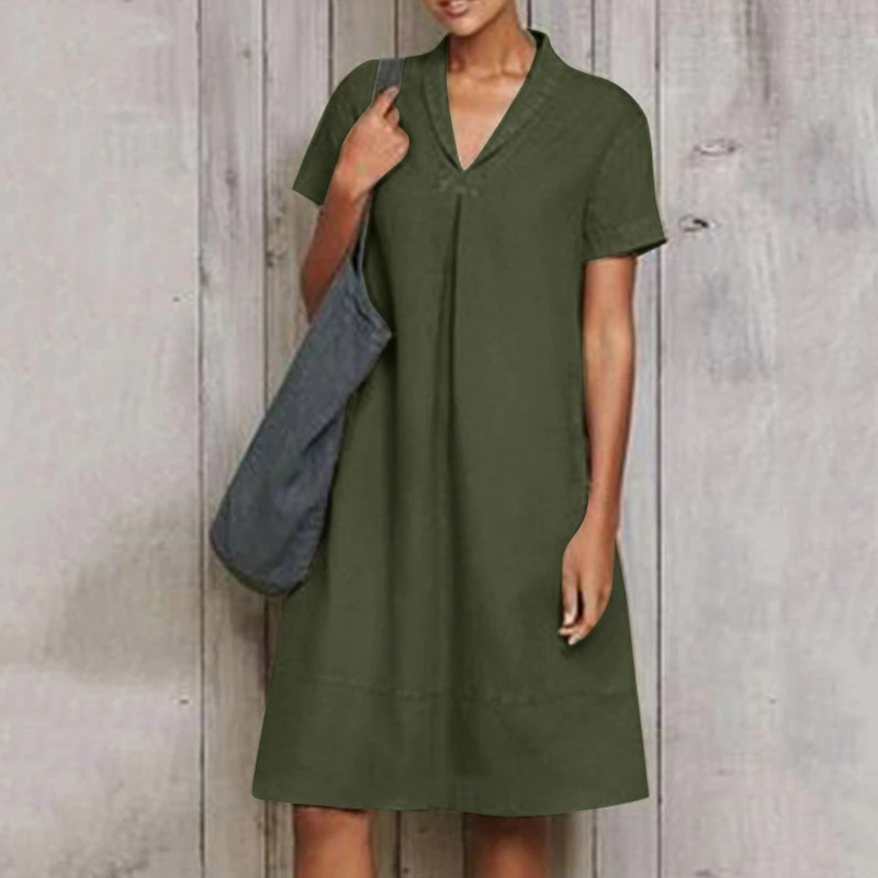 Vintage Plain Foldover Collar Midi Dress