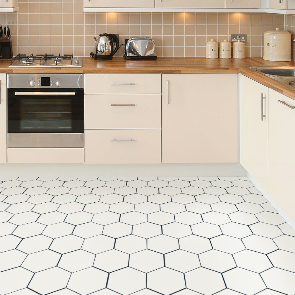 White Hexagon Peel and Stick Vinyl Floor Tile Sticker