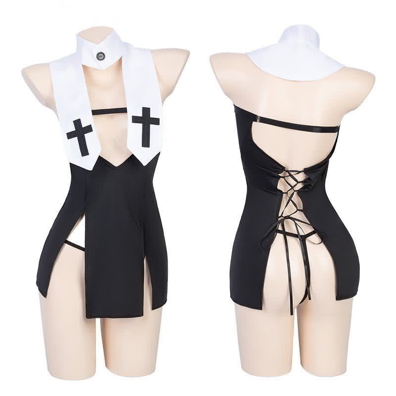 Cosplay Nun Cross Print Sexy Split Lingerie Dress