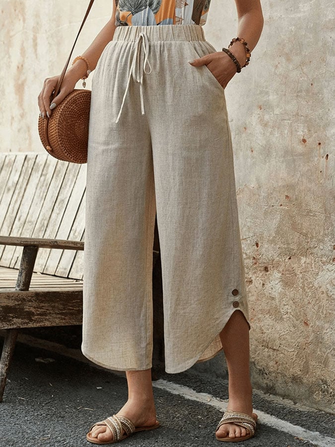Casual Elegant Cotton And Linen Lace-Up With Pockets Irregular Cropped Pants