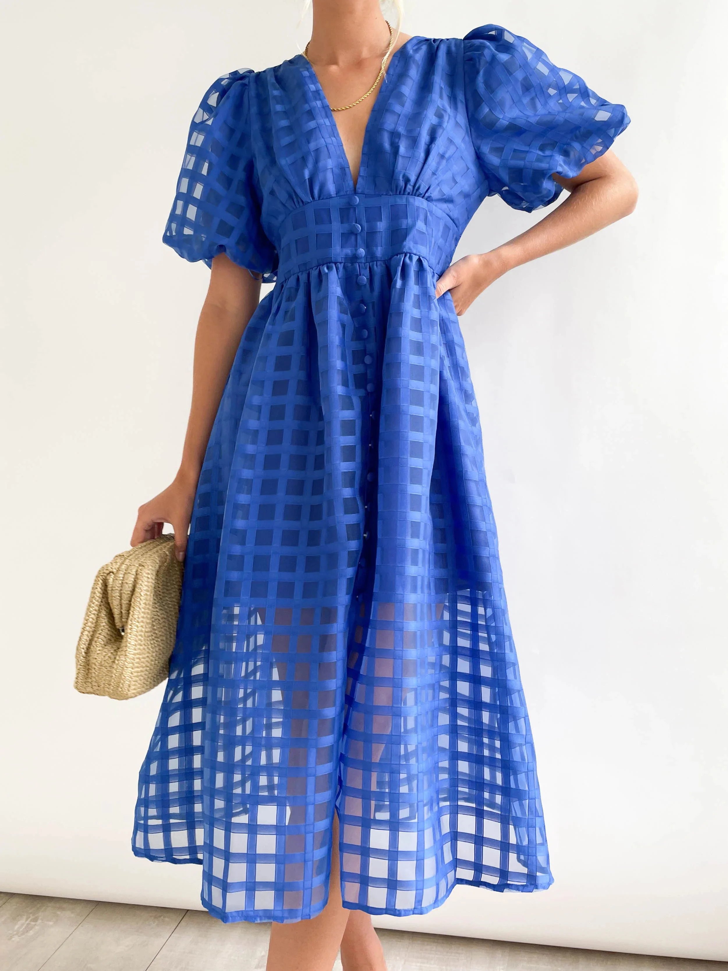 🔥Time-limited promotion 49% OFF🔥 Beauty Square Patterned Fabric Puff Sleeve Midi Dress