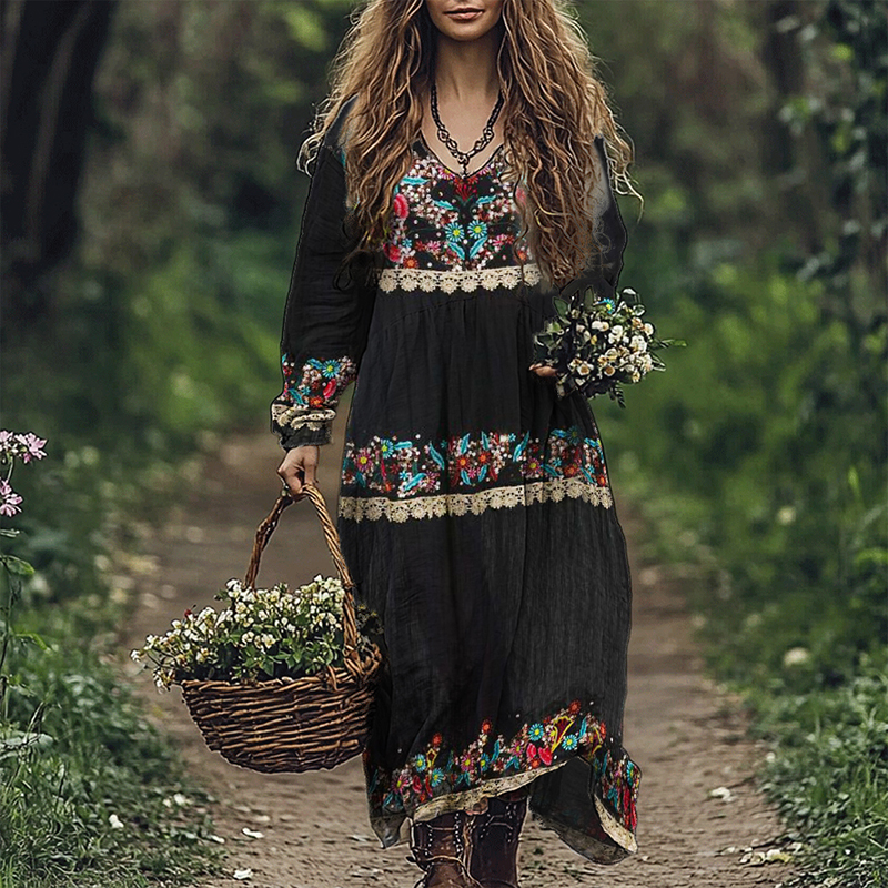 Boho Floral Embroidered Lace Tiered Linen Blend Maxi Dress